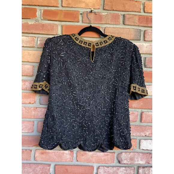 Vintage, Scala, 100% Silk Blouse, Fully Beaded & Sequins, Black, Petite Medium - Picture 2 of 8